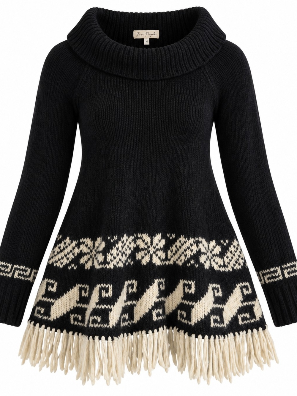 FREE PEOPLE | Black Cream Wool Blend Cowl Neck Fringe Swing Sweater | M